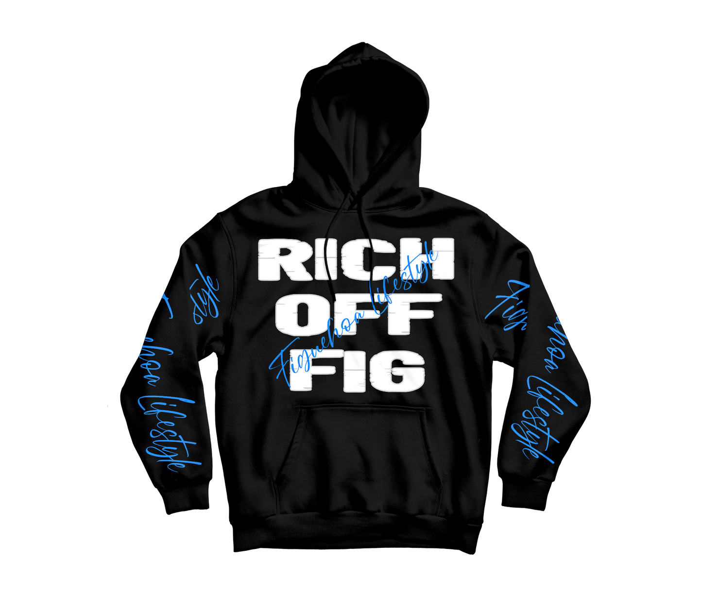FIGUEHOA LIFESTYLE Rich Off Fig Hoodie - White Logo Blue Sleeve Text