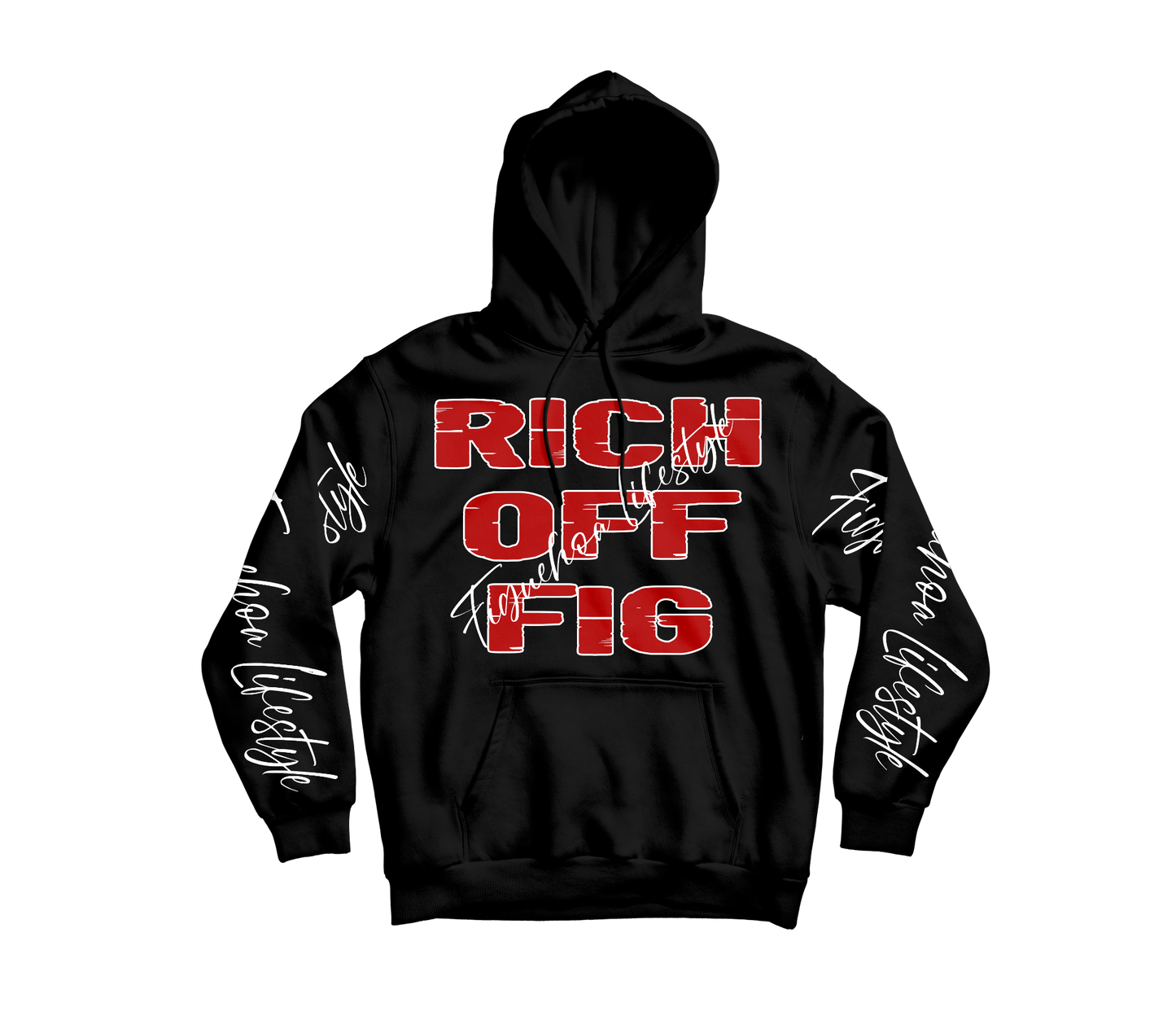 FIGUEHOA LIFESTYLE Rich Off Fig Hoodie - Red Logo White Sleeve Text