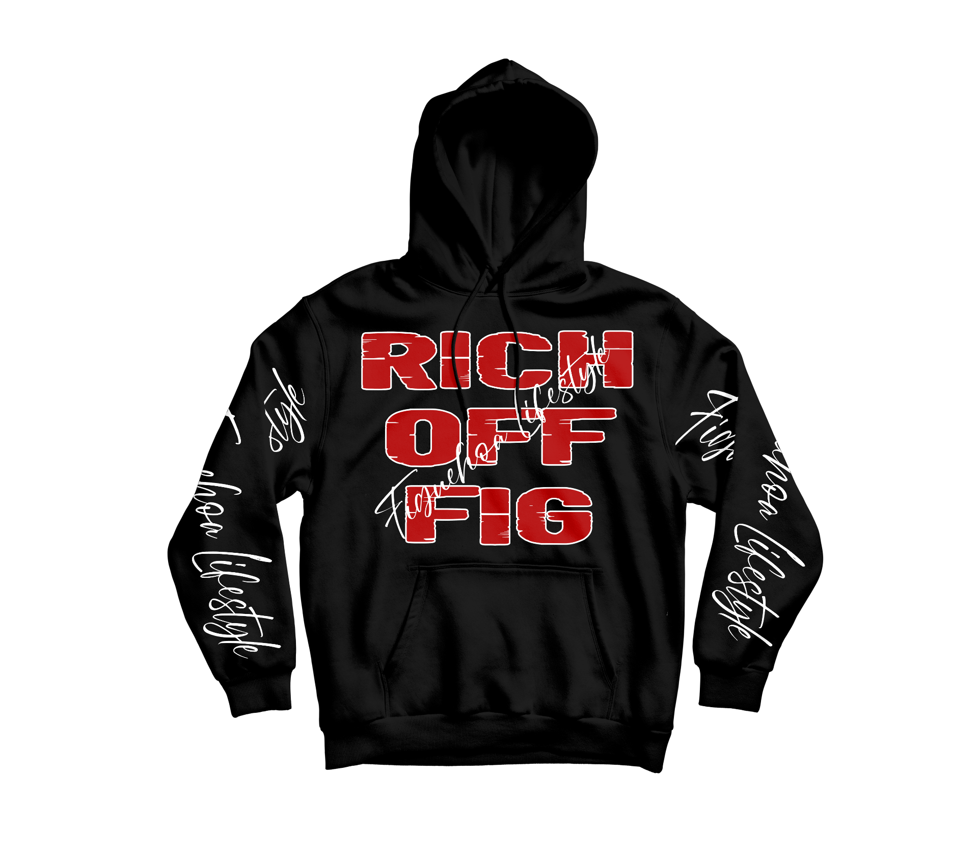 FIGUEHOA LIFESTYLE Rich Off Fig Hoodie - Red Logo White Sleeve Text