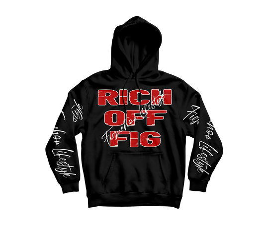 FIGUEHOA LIFESTYLE Rich Off Fig Hoodie - Red Logo White Sleeve Text