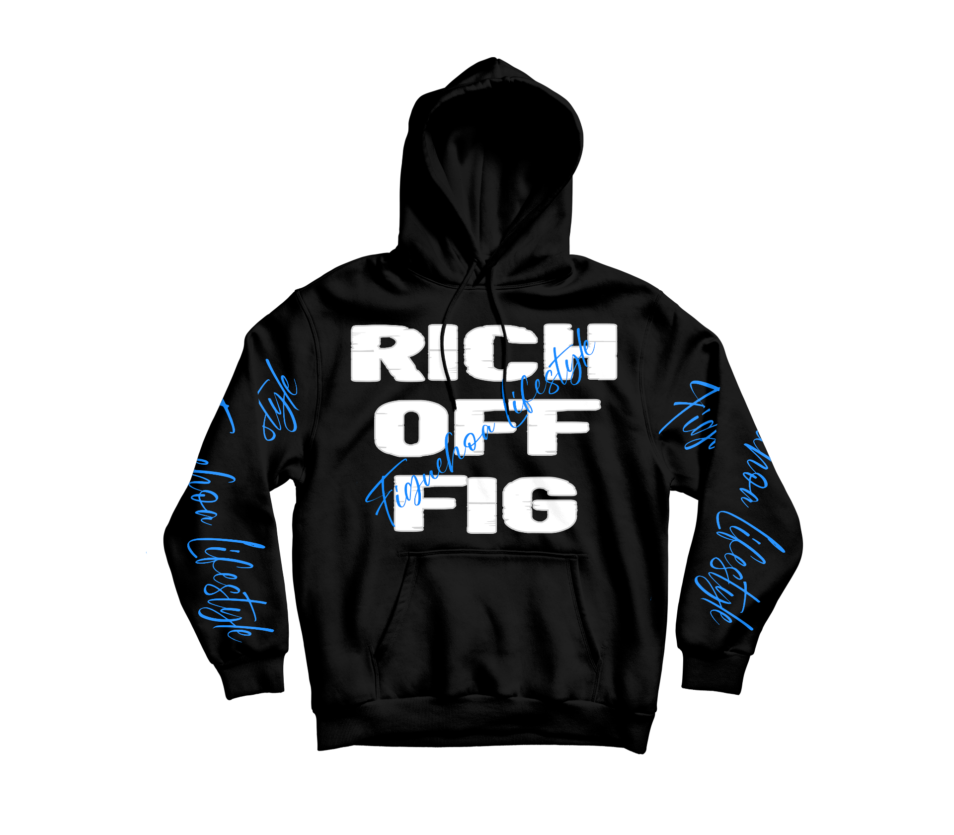FIGUEHOA LIFESTYLE Rich Off Fig Hoodie - White Logo Blue Sleeve Text