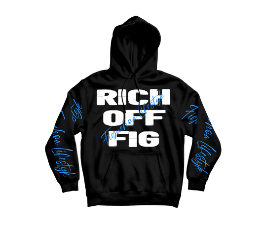 FIGUEHOA LIFESTYLE Rich Off Fig Hoodie - White Logo Blue Sleeve Text